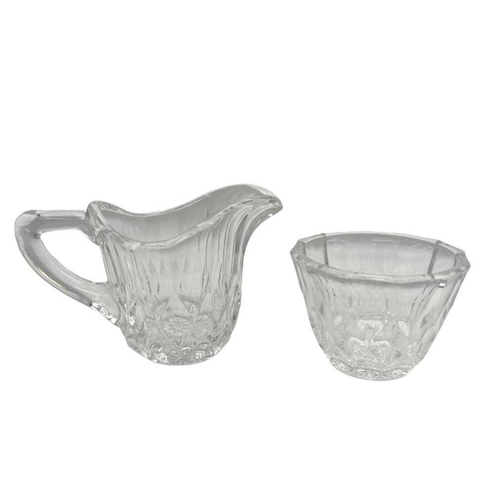 Pressed Clear Glass Creamer and Open Sugar Bowl Rounded Diamond Pattern